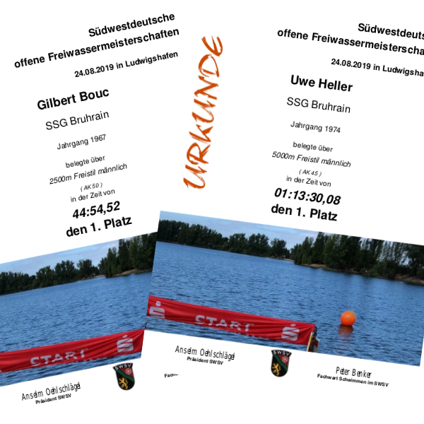 Uwe Heller und Gilbert Bouc ganz oben auf dem Treppchen bei den Freiwassermeisterschaften am 24.08.2019